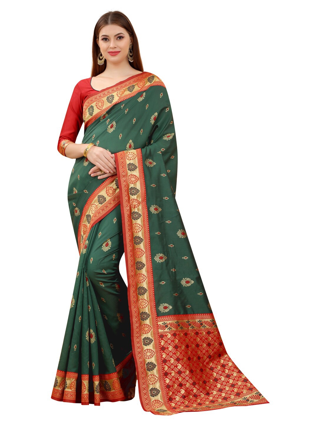 

MOKSHA DESIGNS Green & Red Paisley Zari Pure Silk Kanjeevaram Saree