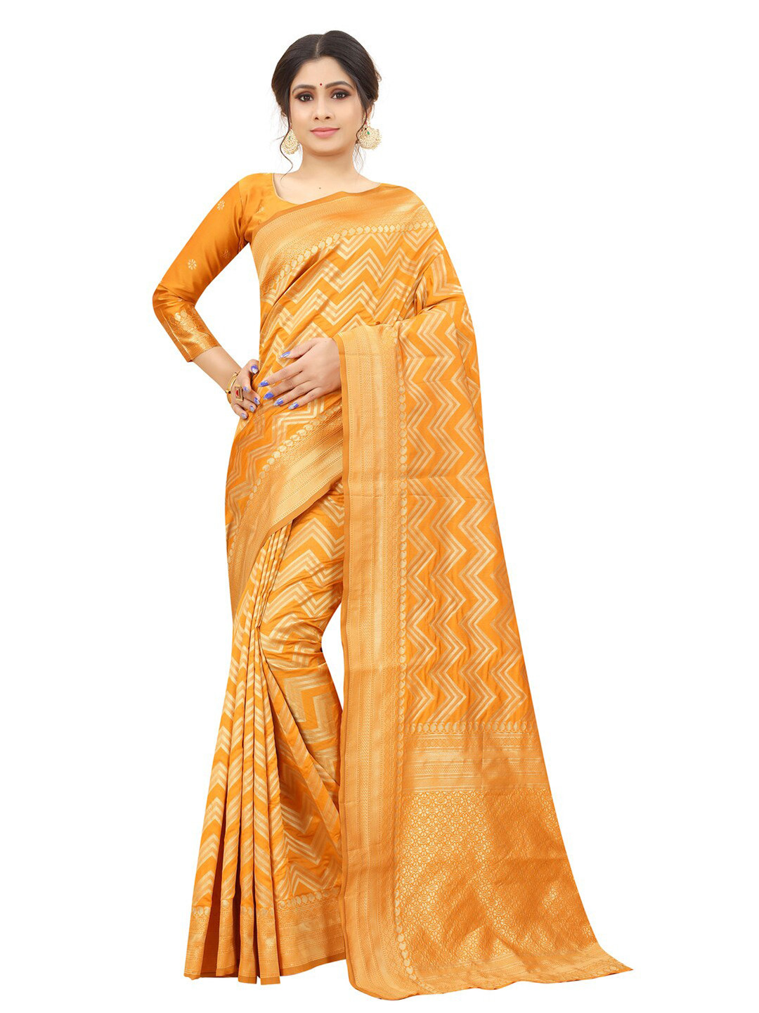 

MOKSHA DESIGNS Mustard & Gold-Toned Woven Design Pure Silk Kanjeevaram Saree