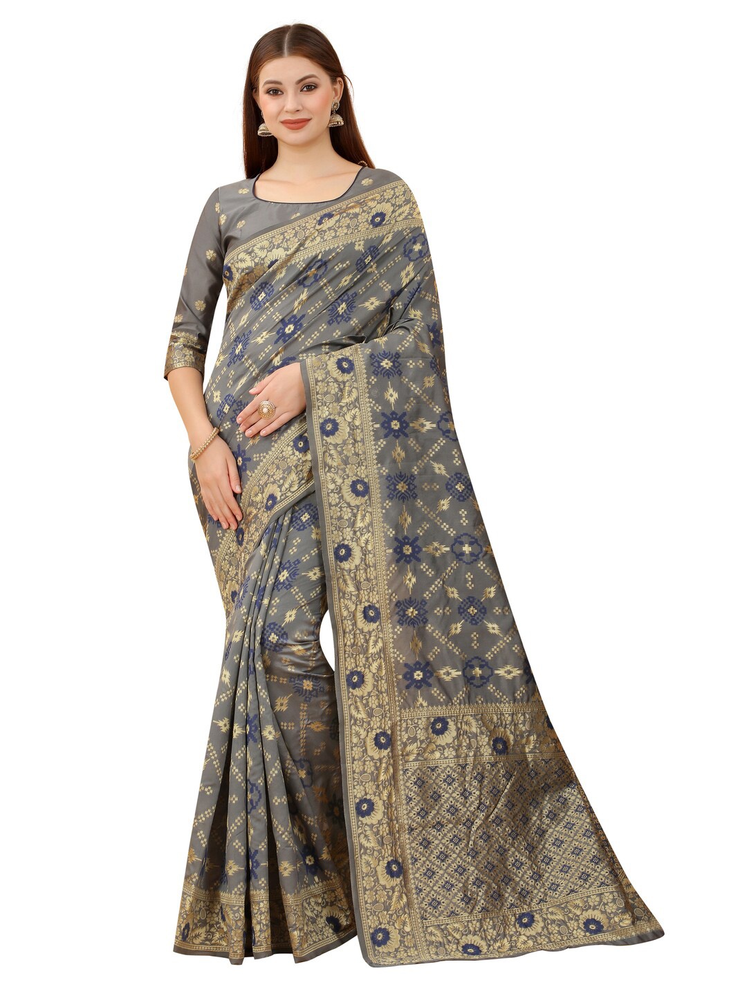 

MOKSHA DESIGNS Grey & Gold-Toned Woven Design Pure Silk Kanjeevaram Saree