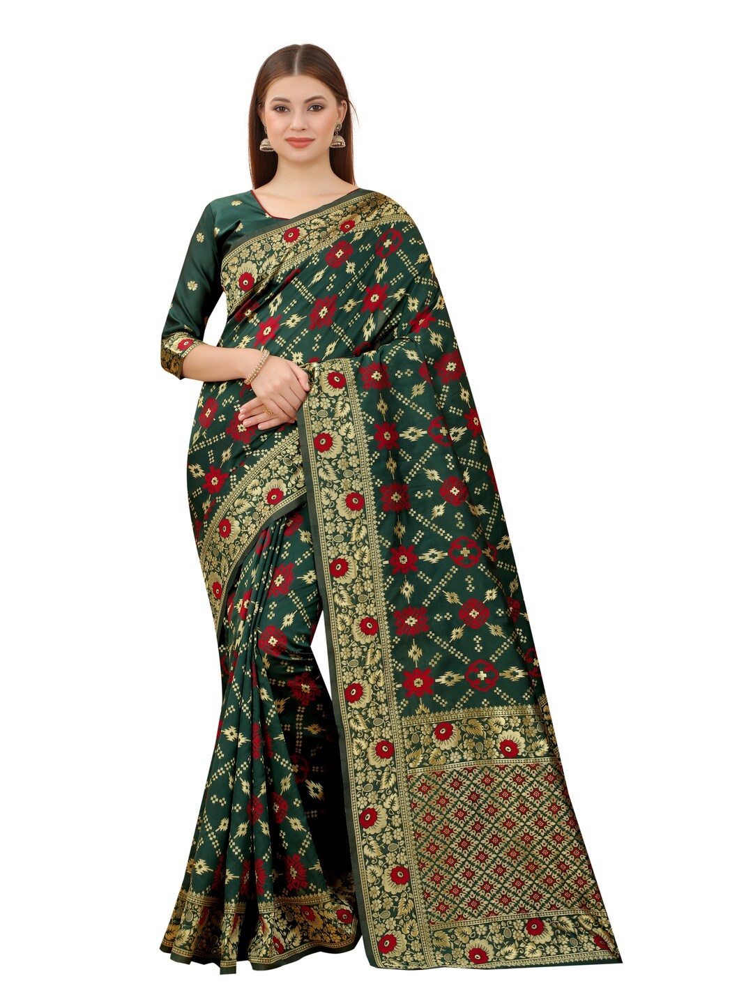 

MOKSHA DESIGNS Green & Red Woven Design Pure Silk Kanjeevaram Saree