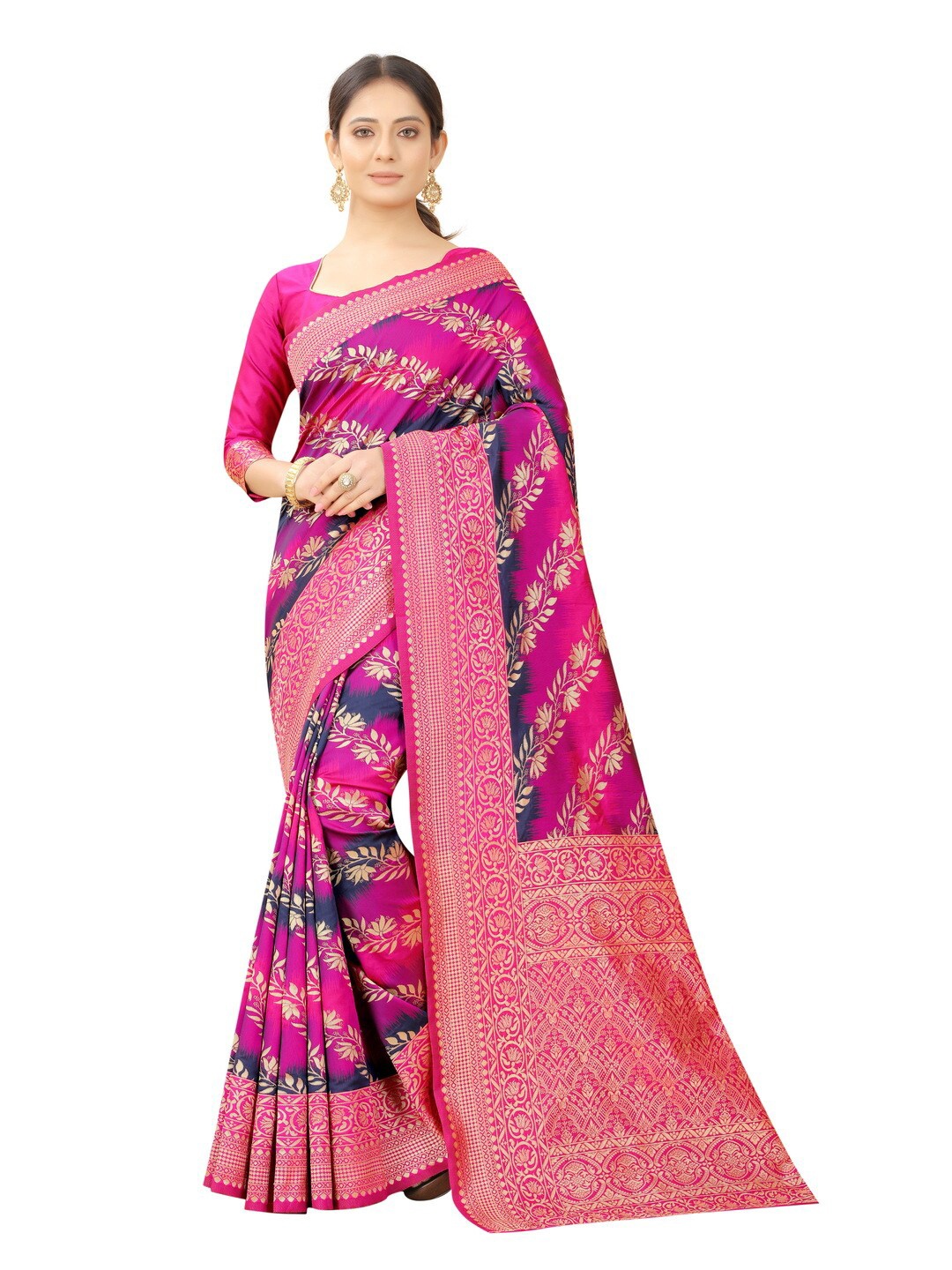 

MOKSHA DESIGNS Pink & Navy Blue Woven Design Pure Silk Kanjeevaram Saree
