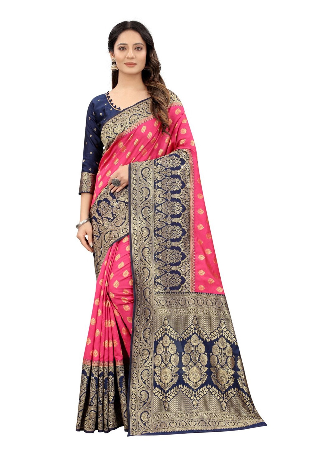 

MOKSHA DESIGNS Pink & Navy Blue Ethnic Motifs Zari Pure Silk Kanjeevaram Saree