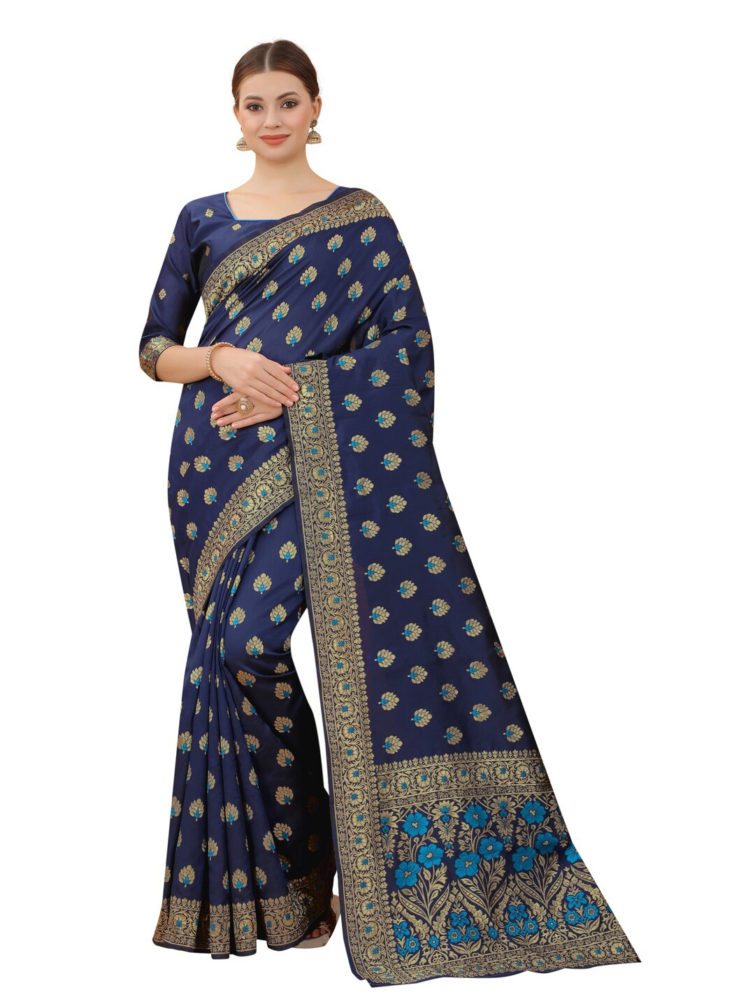 

MOKSHA DESIGNS Navy Blue & Blue Ethnic Motifs Zari Pure Silk Kanjeevaram Saree