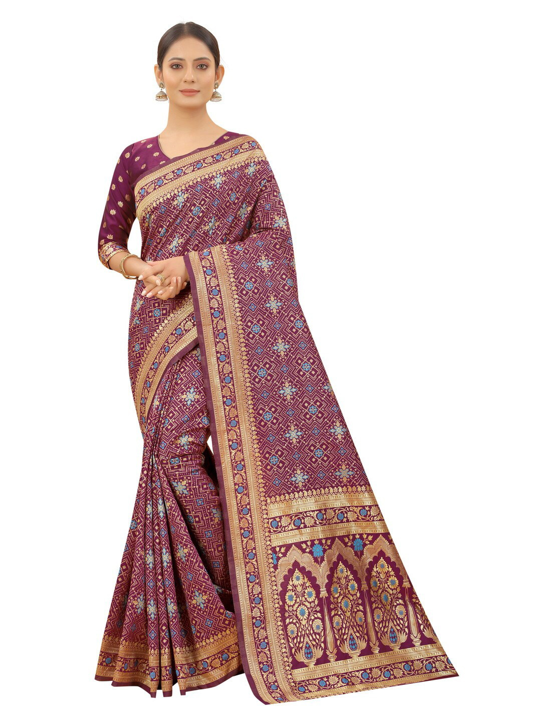 

MOKSHA DESIGNS Burgundy & Blue Ethnic Motifs Zari Pure Silk Kanjeevaram Saree