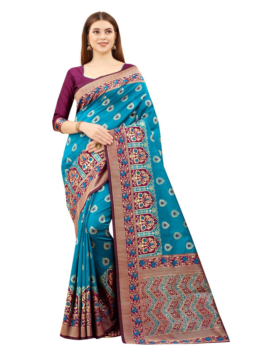 

MOKSHA DESIGNS Turquoise Blue & Burgundy Ethnic Motifs Zari Pure Silk Kanjeevaram Saree