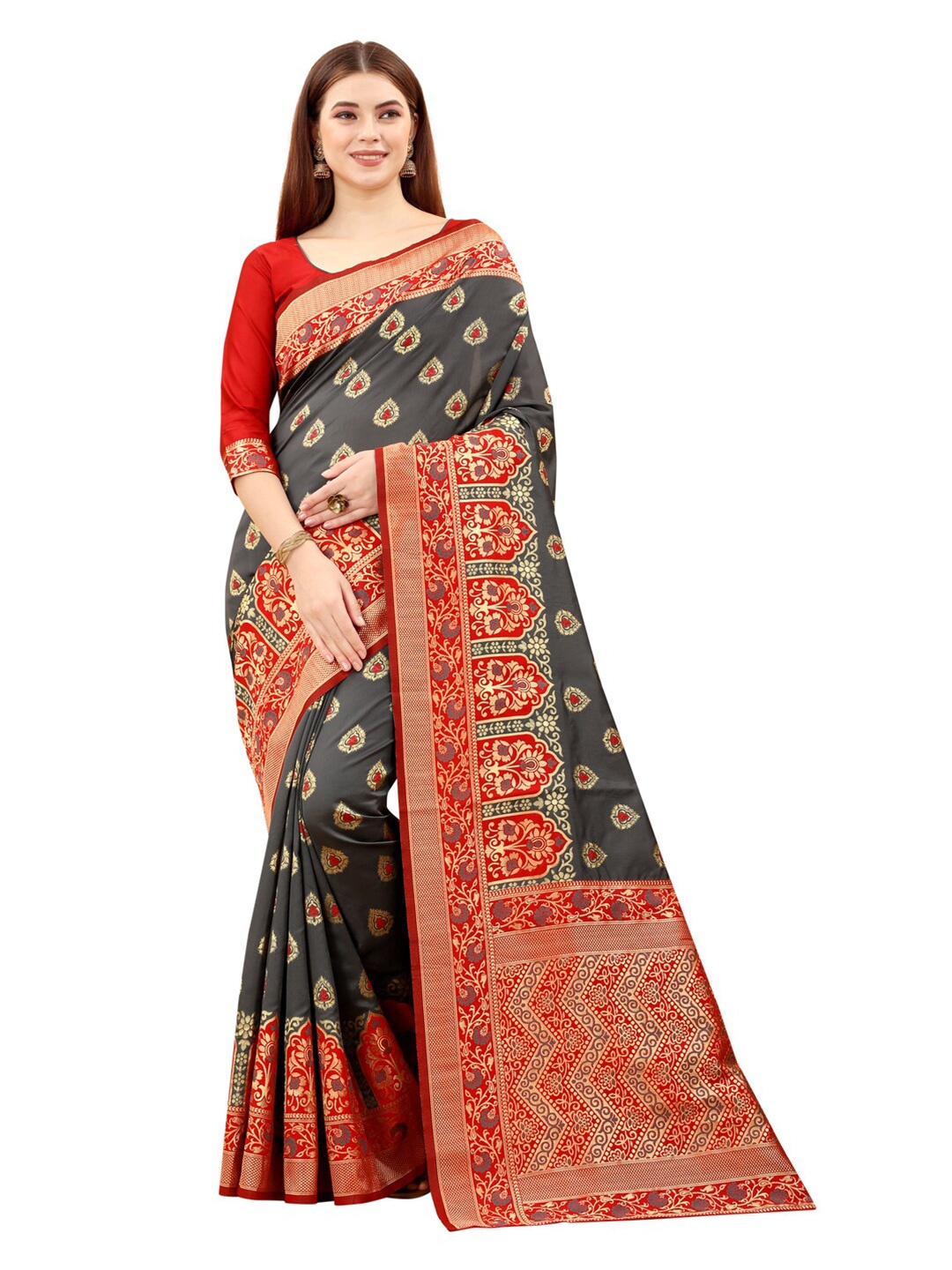 

MOKSHA DESIGNS Grey & Red Woven Design Zari Pure Silk Kanjeevaram Saree