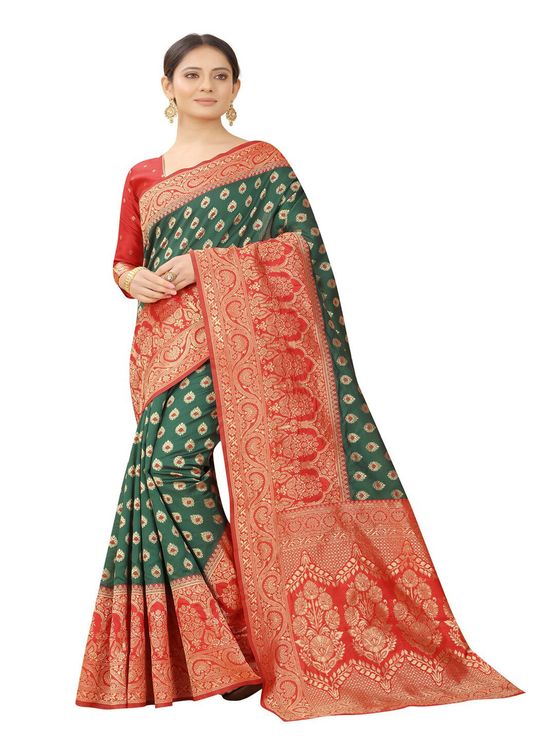 

MOKSHA DESIGNS Green & Red Woven Design Zari Pure Silk Kanjeevaram Saree