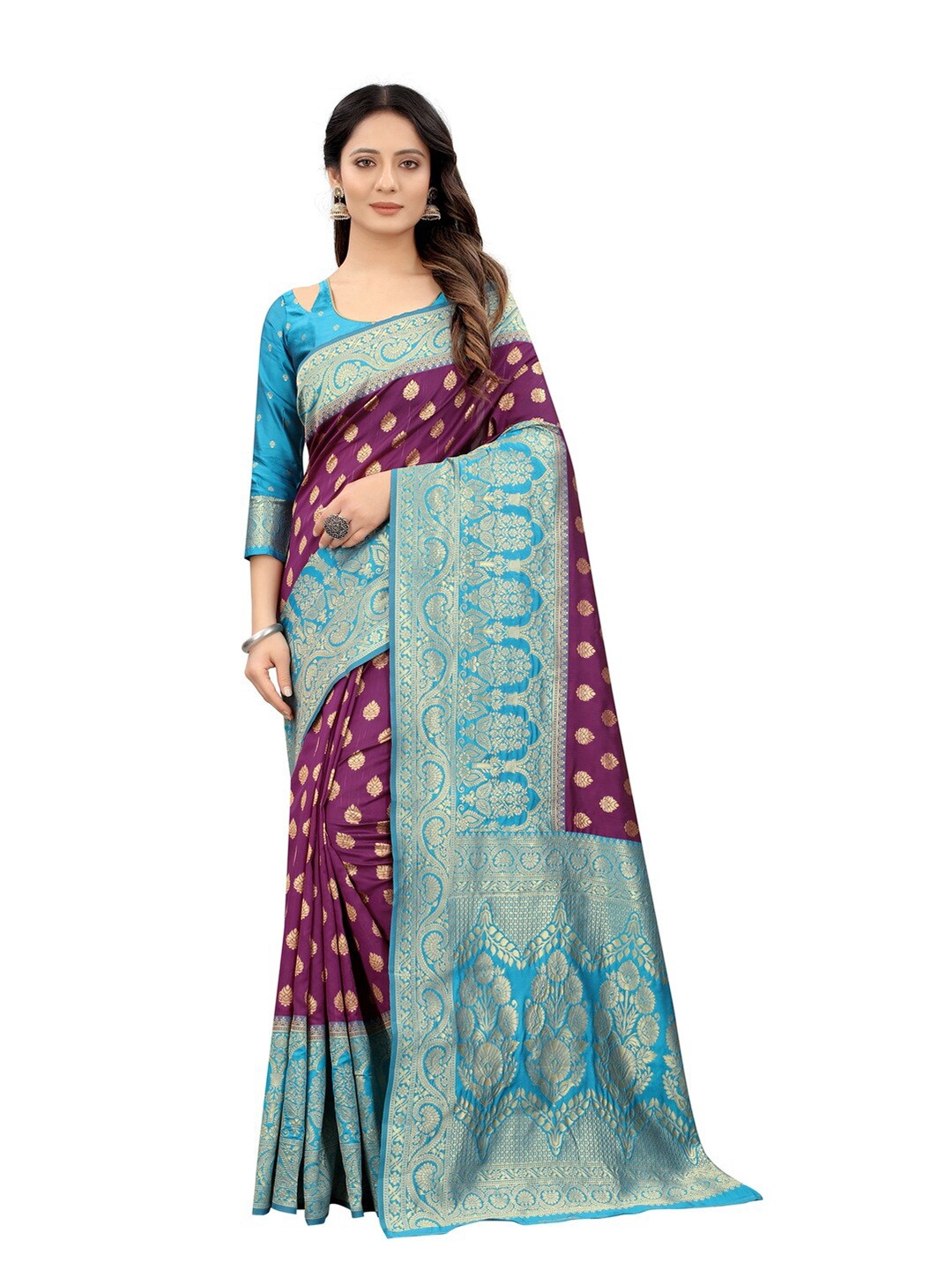 

MOKSHA DESIGNS Burgundy & Turquoise Blue Woven Design Zari Pure Silk Kanjeevaram Saree