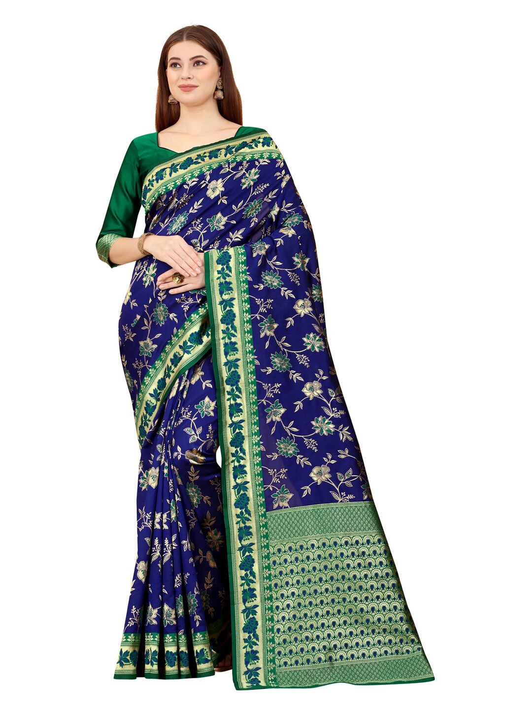 

MOKSHA DESIGNS Blue & Green Woven Design Zari Pure Silk Kanjeevaram Saree