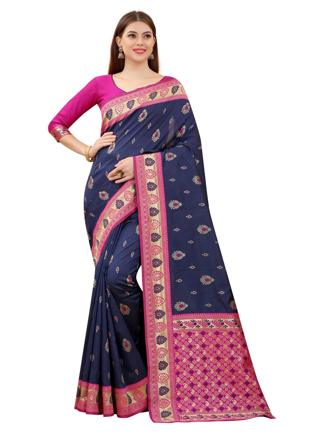 

MOKSHA DESIGNS Navy Blue & Pink Ethnic Motifs Zari Pure Silk Kanjeevaram Saree