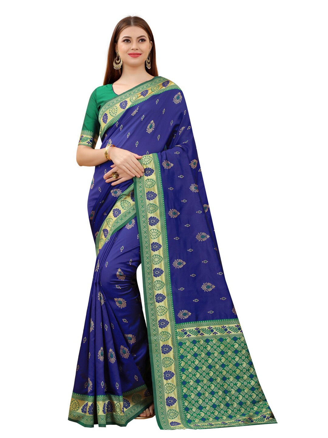 

MOKSHA DESIGNS Blue & Green Ethnic Motifs Zari Pure Silk Kanjeevaram Saree