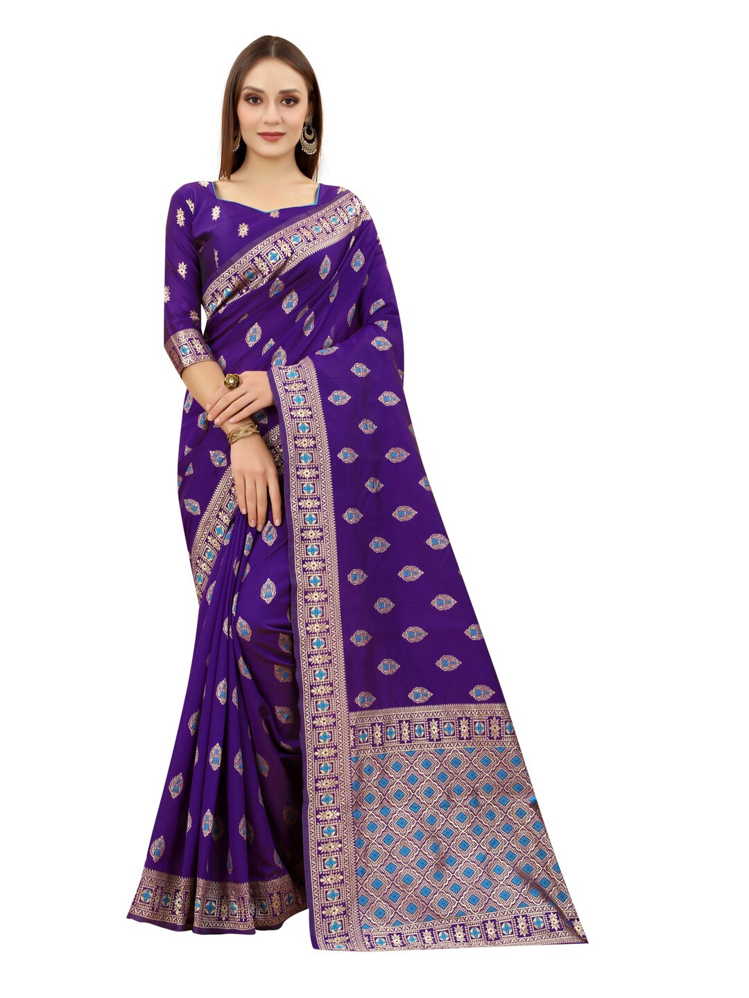 

MOKSHA DESIGNS Purple & Blue Ethnic Motifs Zari Pure Silk Kanjeevaram Saree