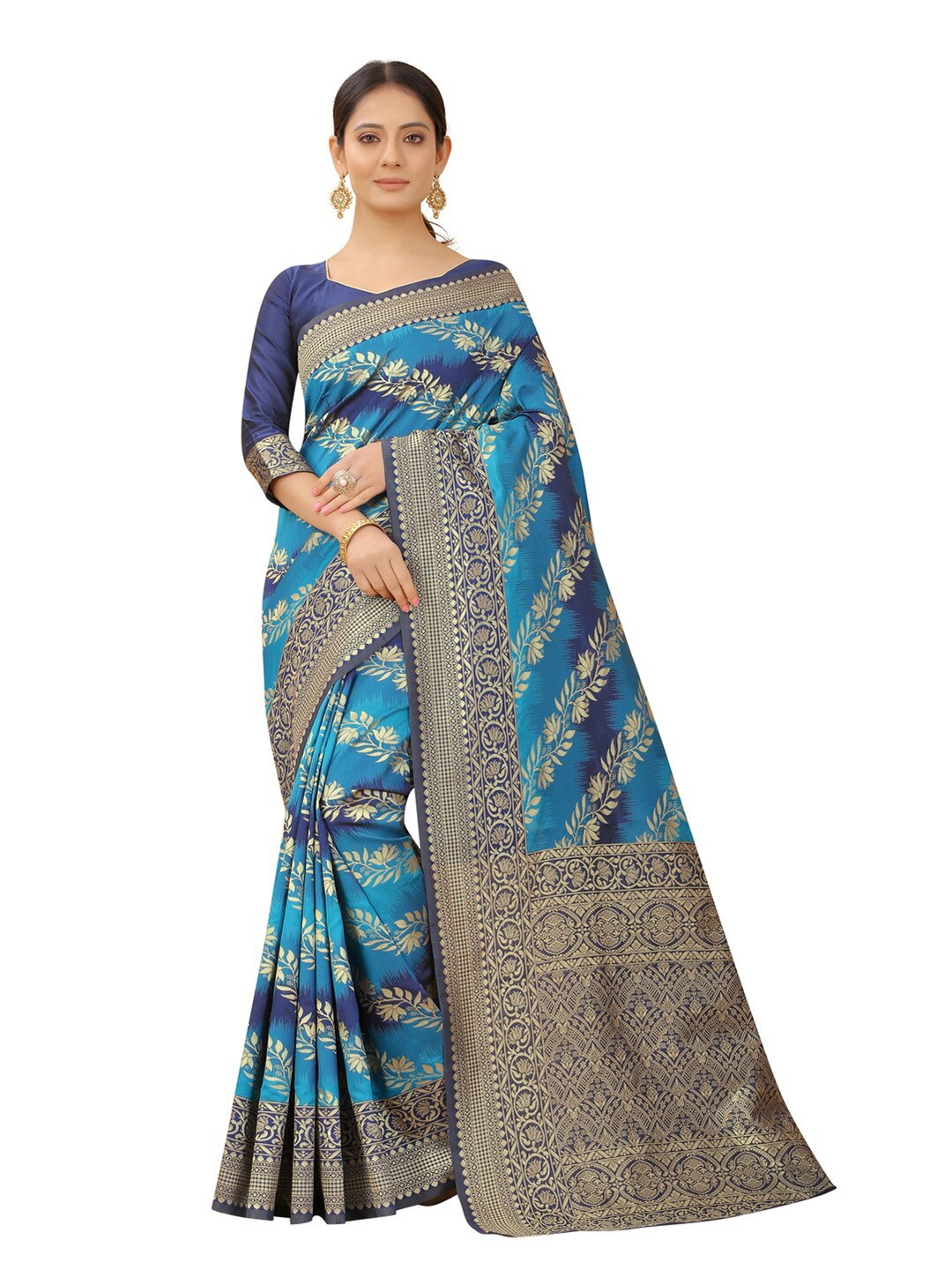 

MOKSHA DESIGNS Navy Blue & Turquoise Blue Floral Zari Pure Silk Kanjeevaram Saree