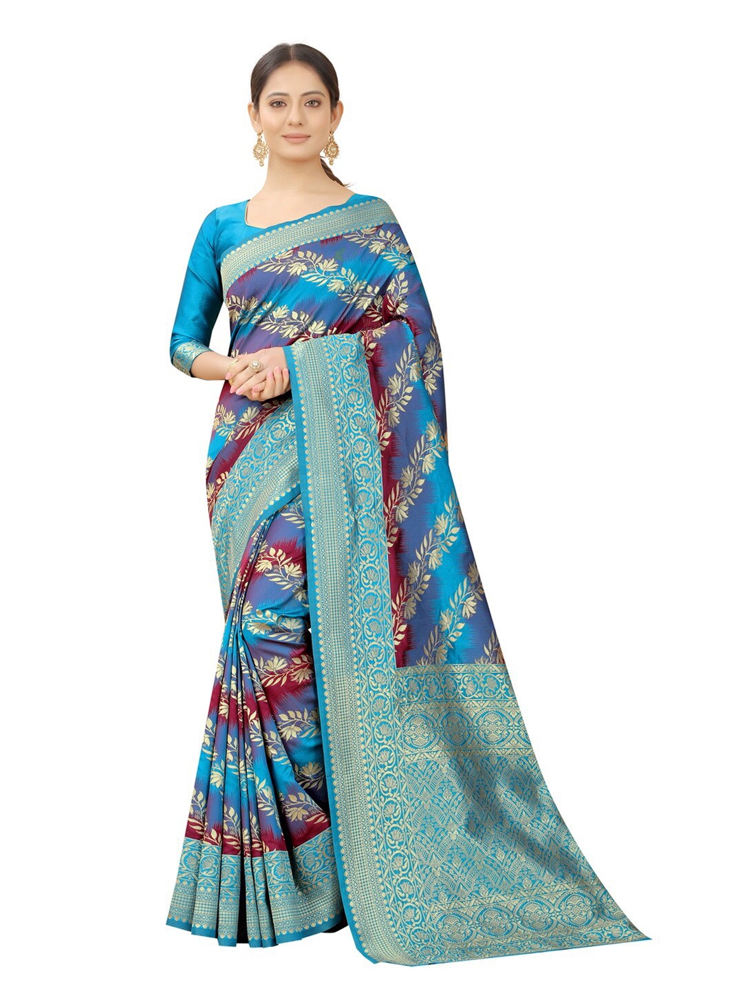 

MOKSHA DESIGNS Turquoise Blue & Burgundy Floral Zari Pure Silk Kanjeevaram Saree