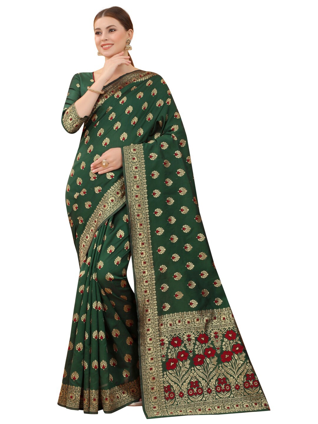 

MOKSHA DESIGNS Green & Red Ethnic Motifs Zari Pure Silk Kanjeevaram Saree