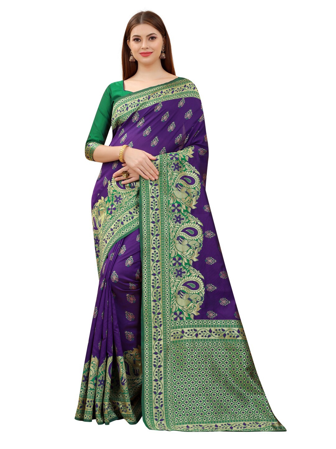 

MOKSHA DESIGNS Purple & Green Ethnic Motifs Zari Pure Silk Kanjeevaram Saree