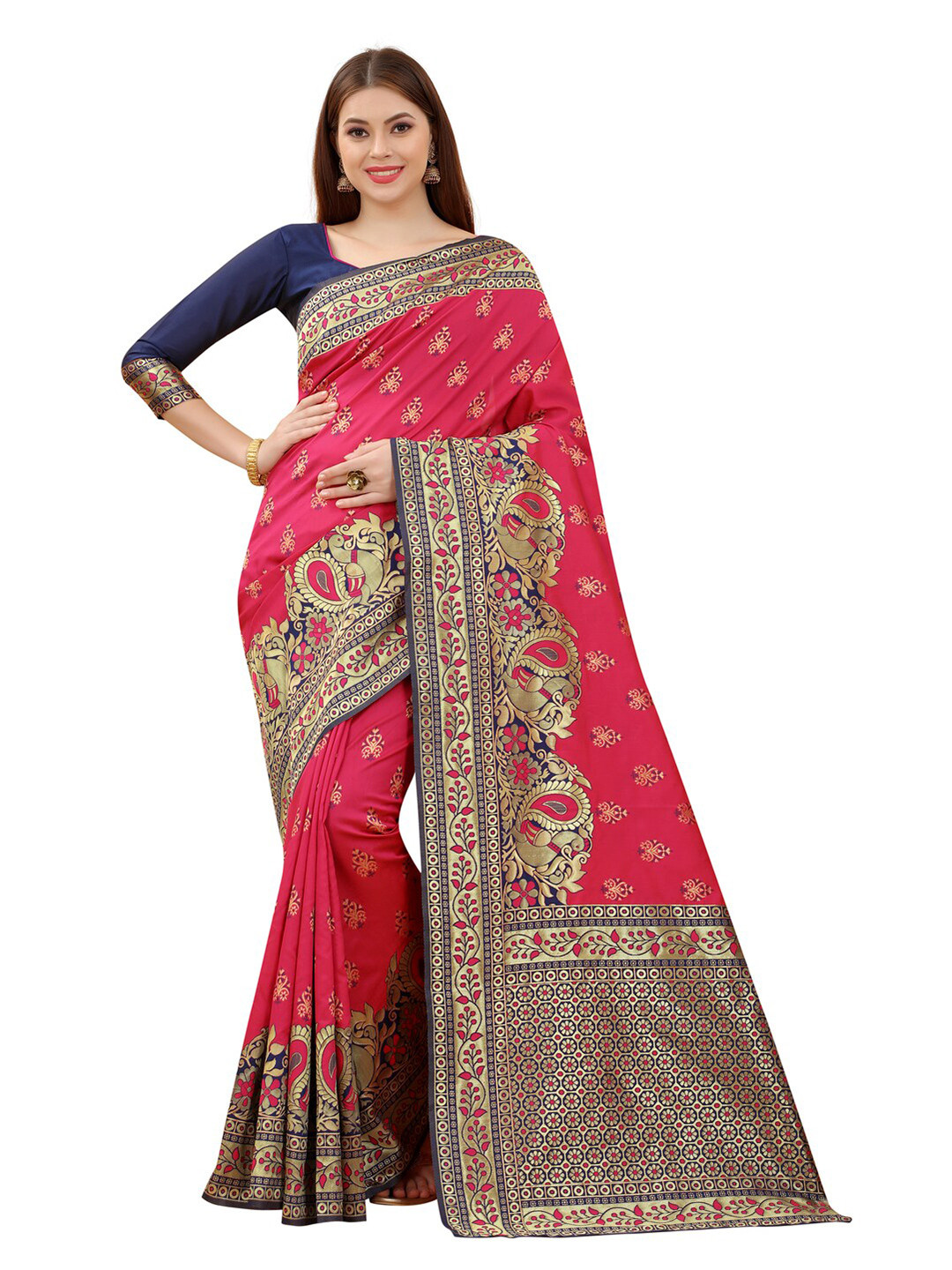 

MOKSHA DESIGNS Pink & Navy Blue Ethnic Motifs Zari Pure Silk Kanjeevaram Saree