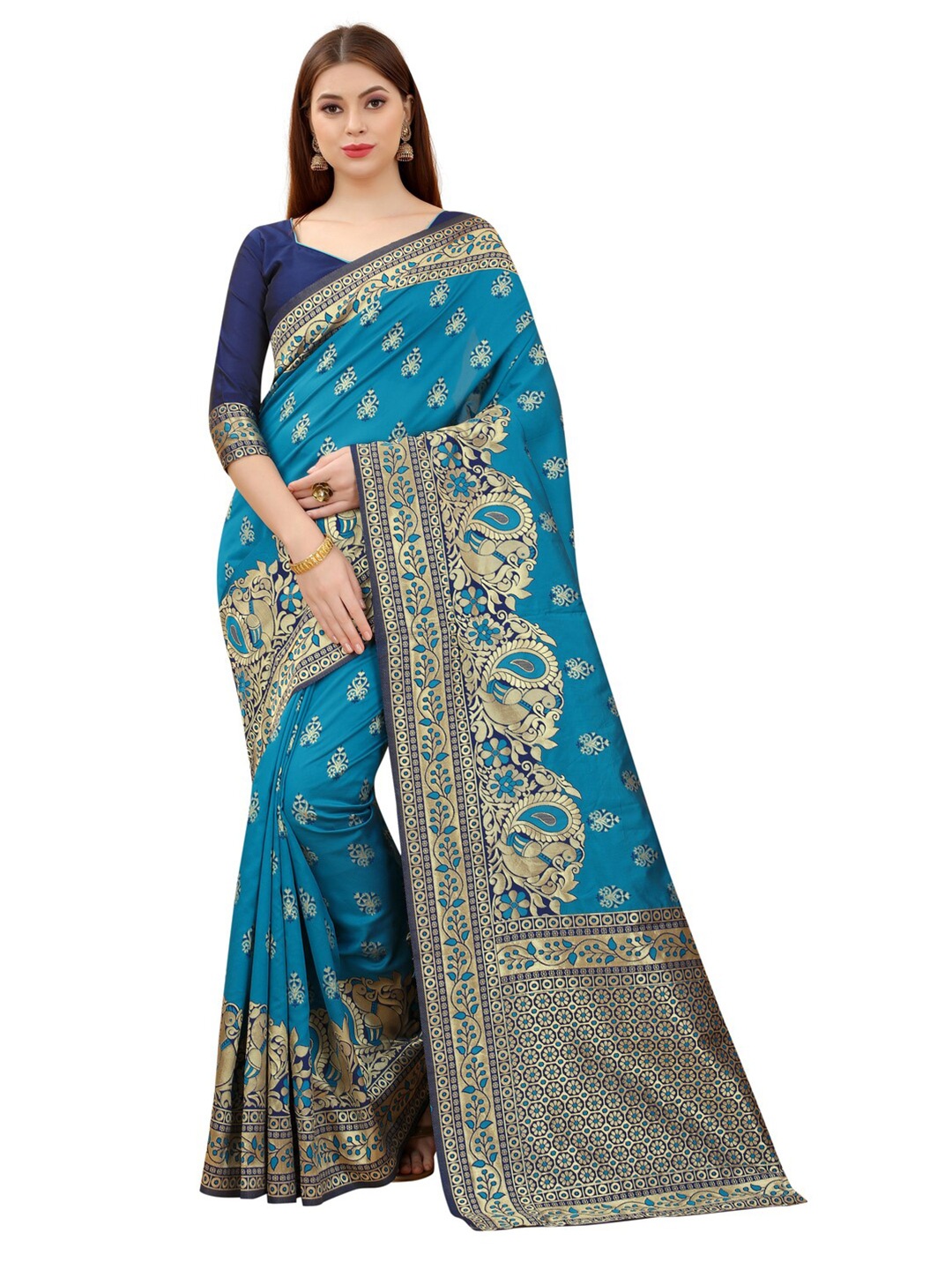 

MOKSHA DESIGNS Blue & Navy Blue Ethnic Motifs Zari Pure Silk Kanjeevaram Saree
