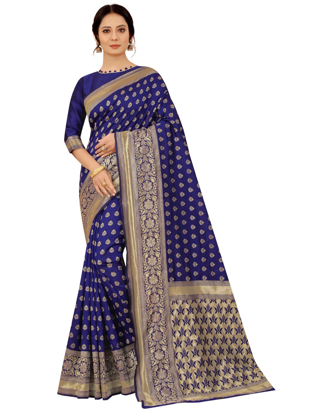 

MOKSHA DESIGNS Blue & Gold-Toned Woven Design Zari Pure Silk Kanjeevaram Saree