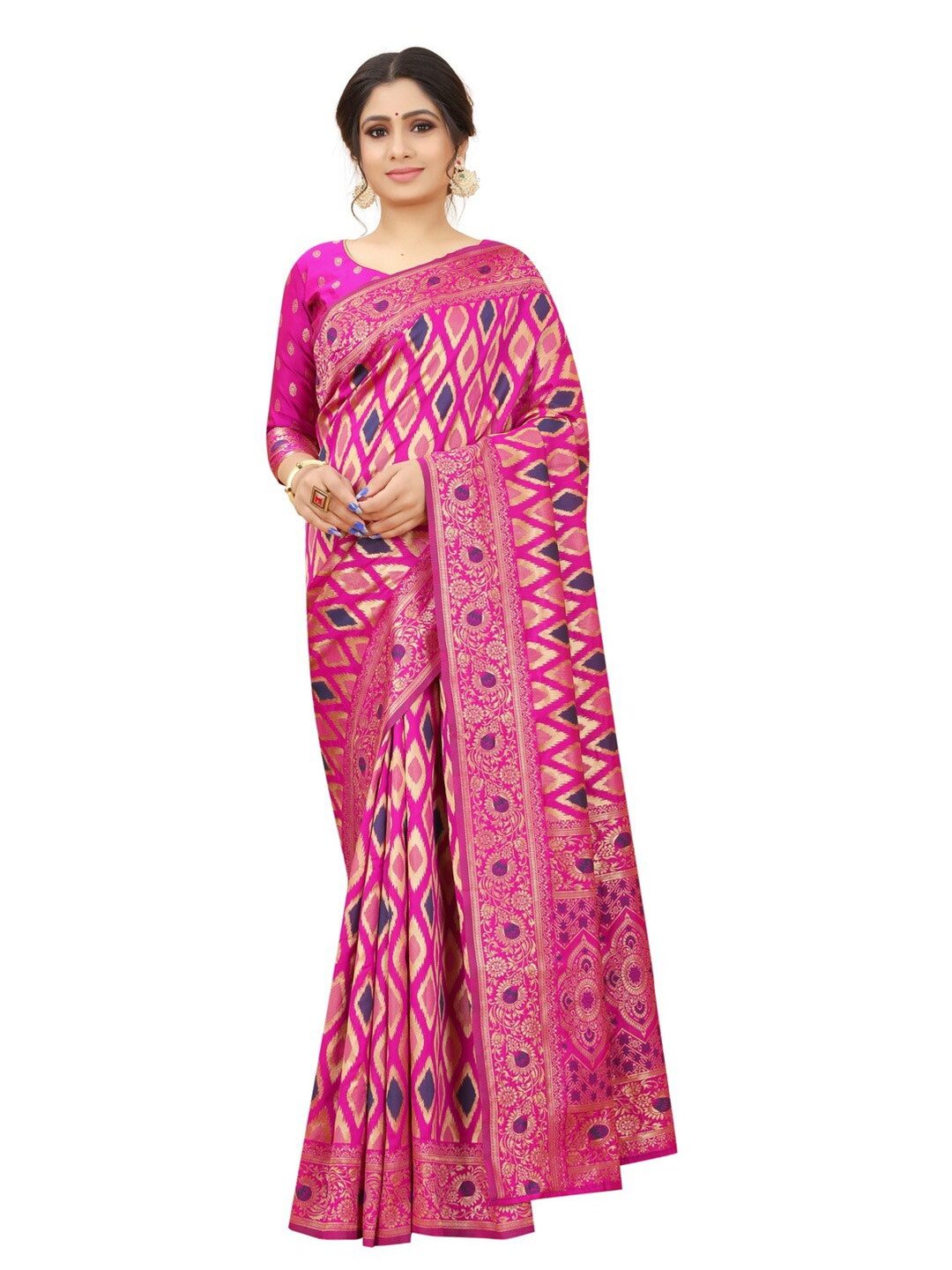 

MOKSHA DESIGNS Pink & Navy Blue Zari Pure Silk Kanjeevaram Saree