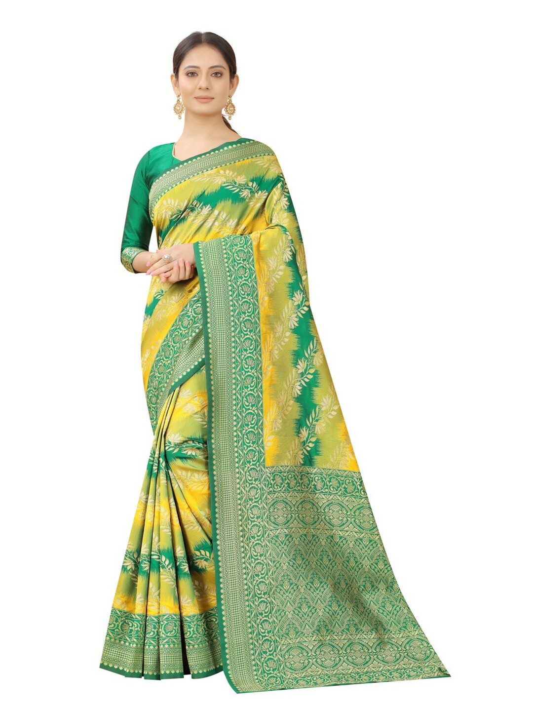 

MOKSHA DESIGNS Green & Gold Toned Floral Zari Pure Silk Kanjeevaram Saree