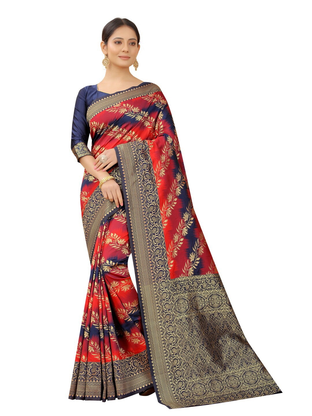 

MOKSHA DESIGNS Navy Blue & Red Floral Zari Pure Silk Kanjeevaram Saree