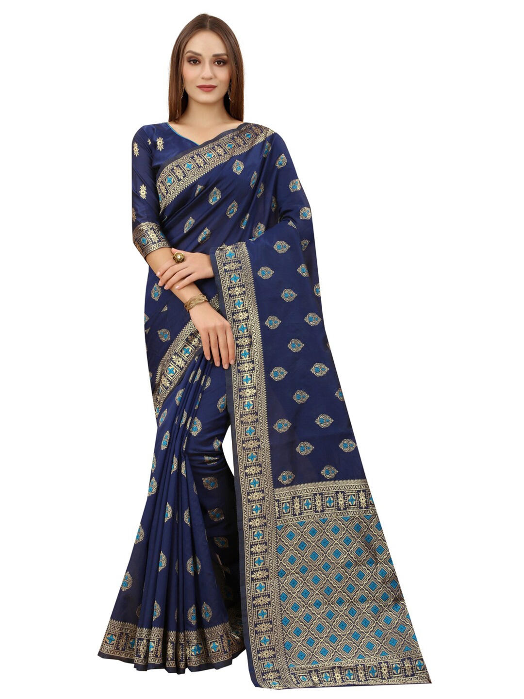 

MOKSHA DESIGNS Navy Blue & Blue Woven Design Zari Pure Silk Kanjeevaram Saree