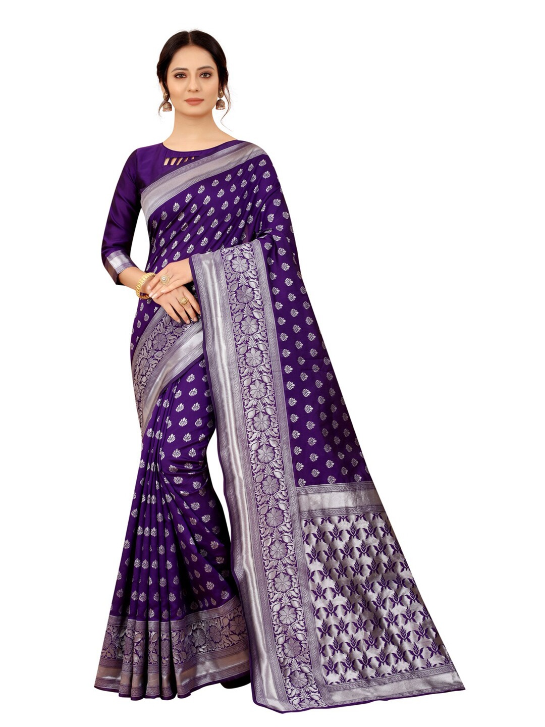 

MOKSHA DESIGNS Purple & Silver-Toned Ethnic Motifs Zari Pure Silk Kanjeevaram Saree