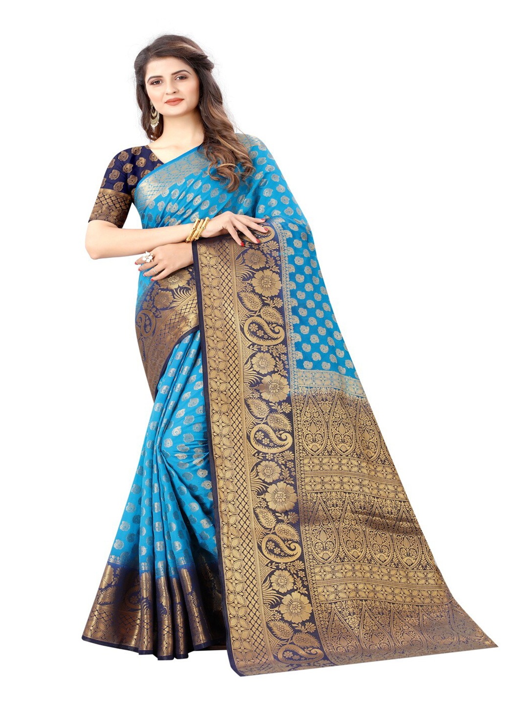 

MOKSHA DESIGNS Turquoise Blue & Navy Blue Paisley Zari Pure Silk Kanjeevaram Saree