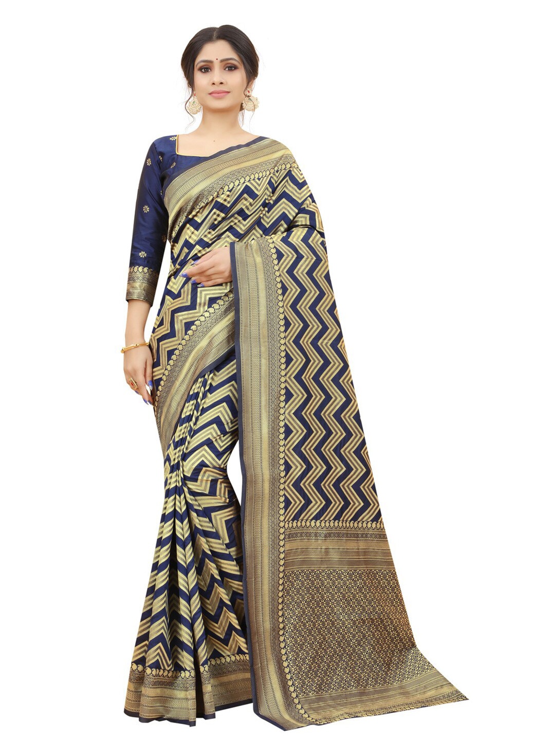 

MOKSHA DESIGNS Navy Blue & Gold Toned Zari Pure Silk Kanjeevaram Saree