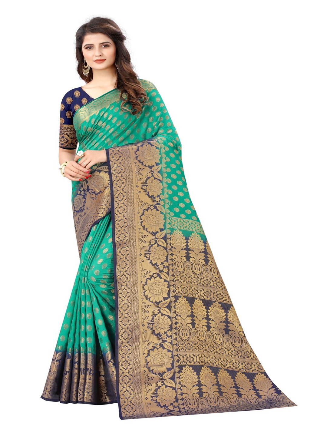 

MOKSHA DESIGNS Green & Navy Blue Ethnic Motifs Zari Pure Silk Kanjeevaram Saree