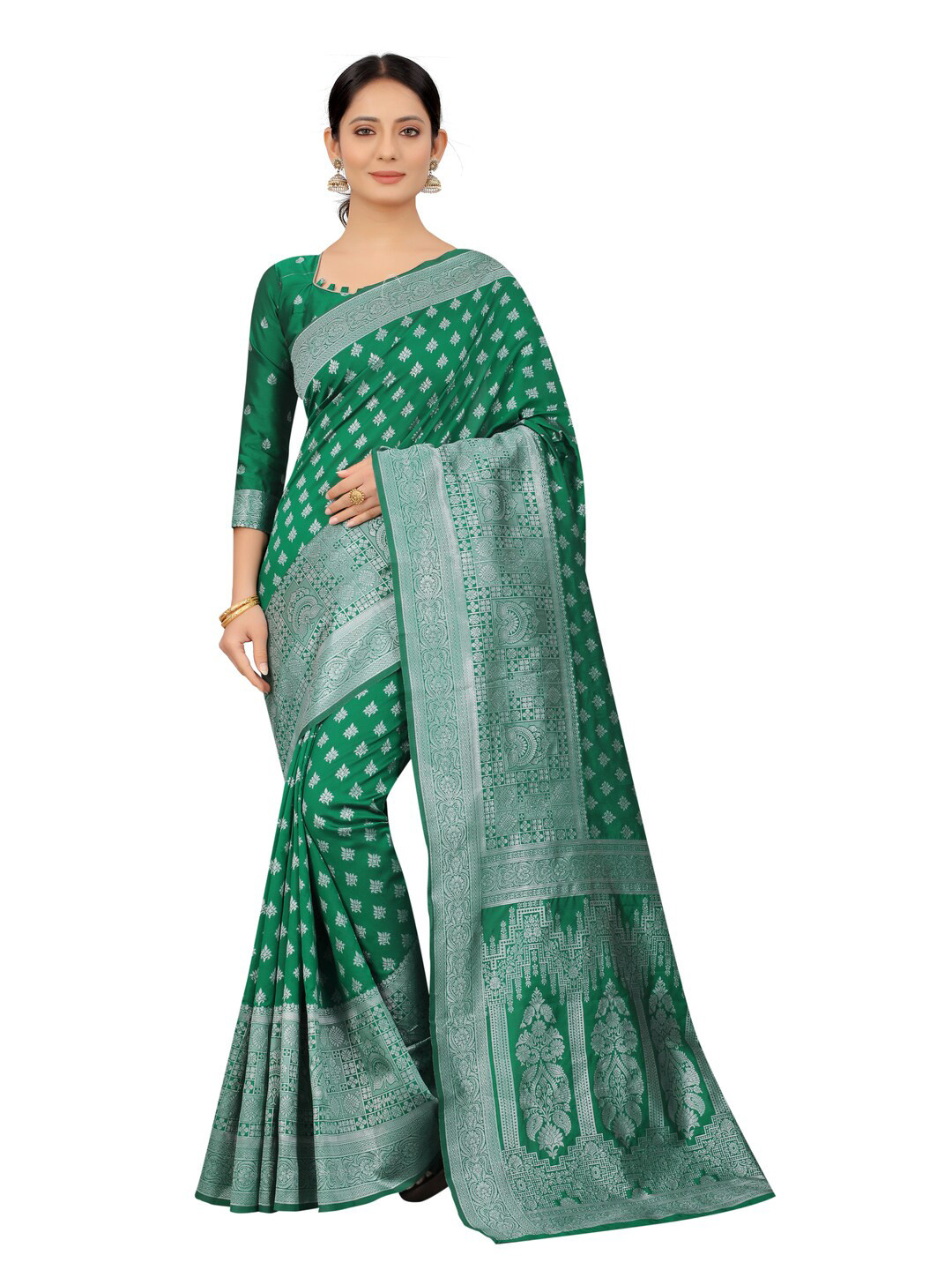 

MOKSHA DESIGNS Green & Silver Toned Ethnic Motifs Zari Pure Silk Kanjeevaram Saree