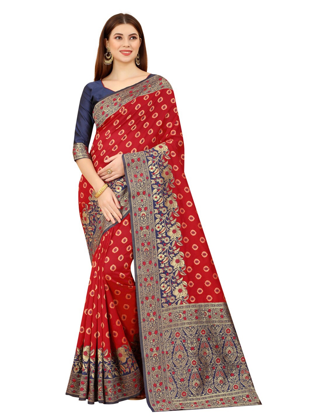 

MOKSHA DESIGNS Red & Navy Blue Ethnic Motifs Zari Pure Silk Kanjeevaram Saree