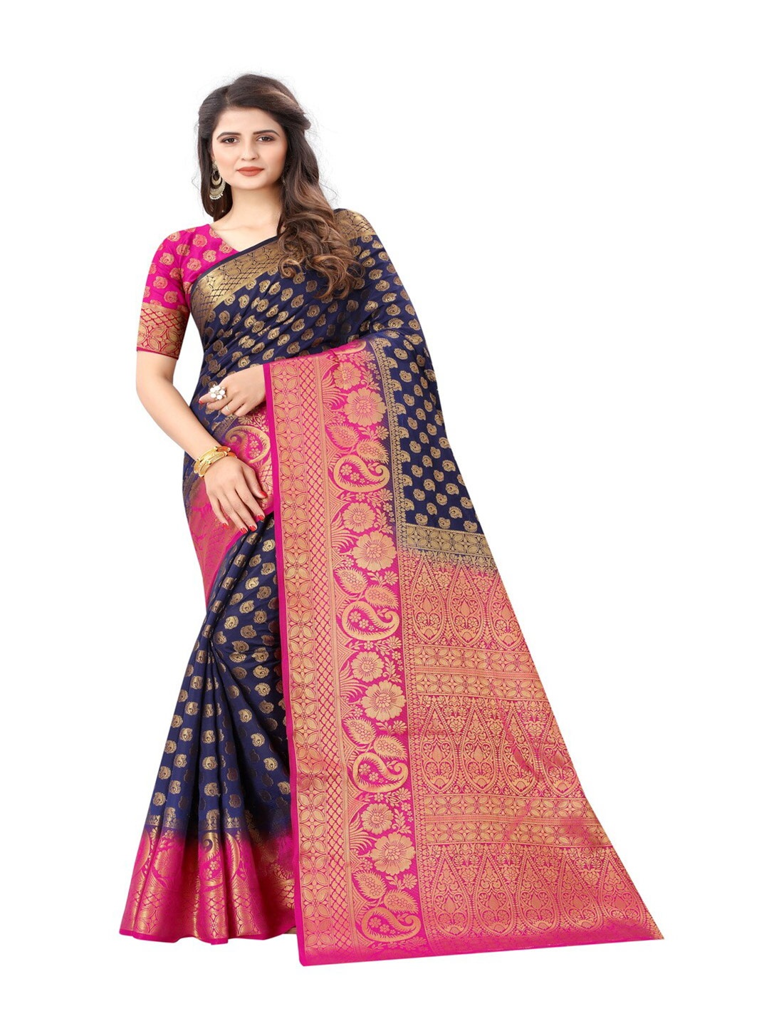 

MOKSHA DESIGNS Navy Blue & Pink Ethnic Motifs Zari Pure Silk Kanjeevaram Saree