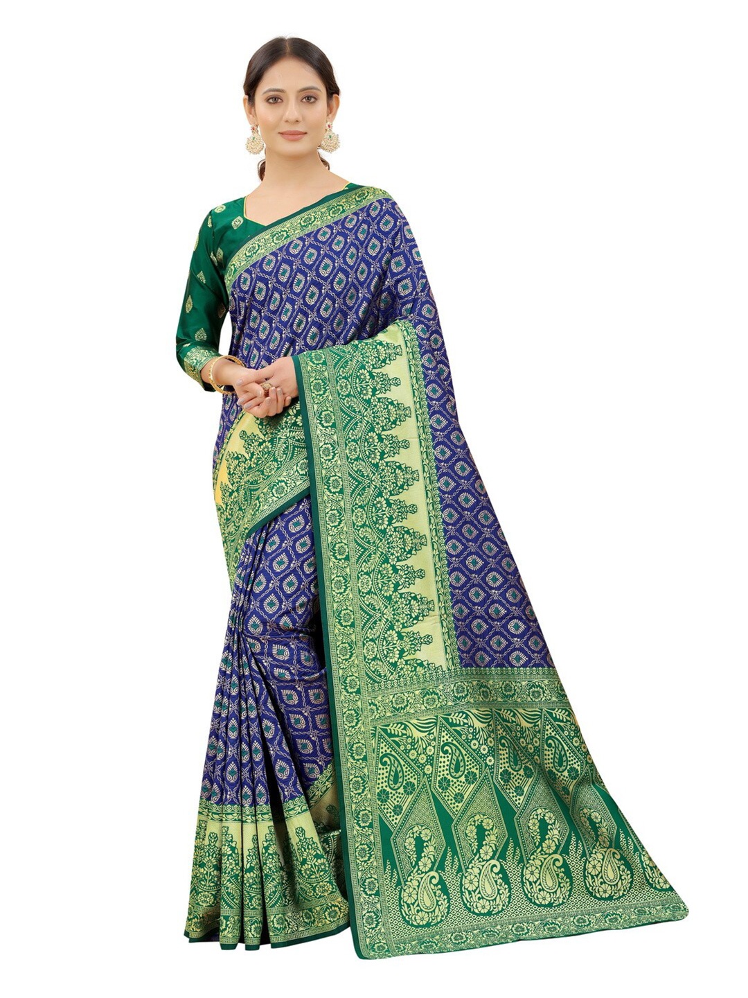 

MOKSHA DESIGNS Blue & Green Ethnic Motifs Zari Pure Silk Kanjeevaram Saree