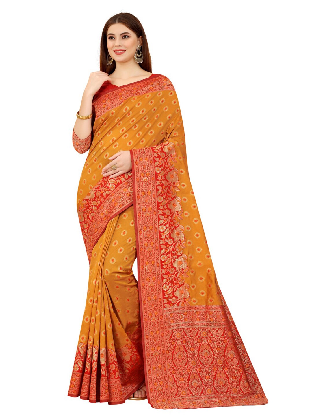

MOKSHA DESIGNS Yellow & Red Ethnic Motifs Zari Pure Silk Kanjeevaram Saree