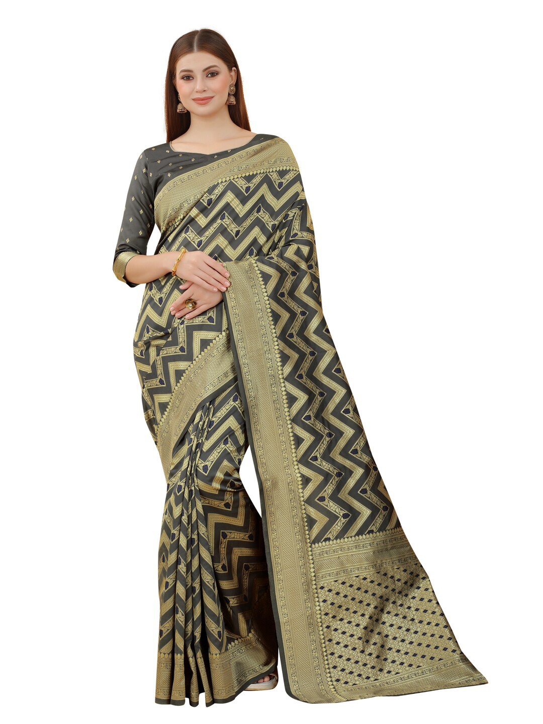 

MOKSHA DESIGNS Grey & Gold-Toned Woven Design Zari Pure Silk Kanjeevaram Saree