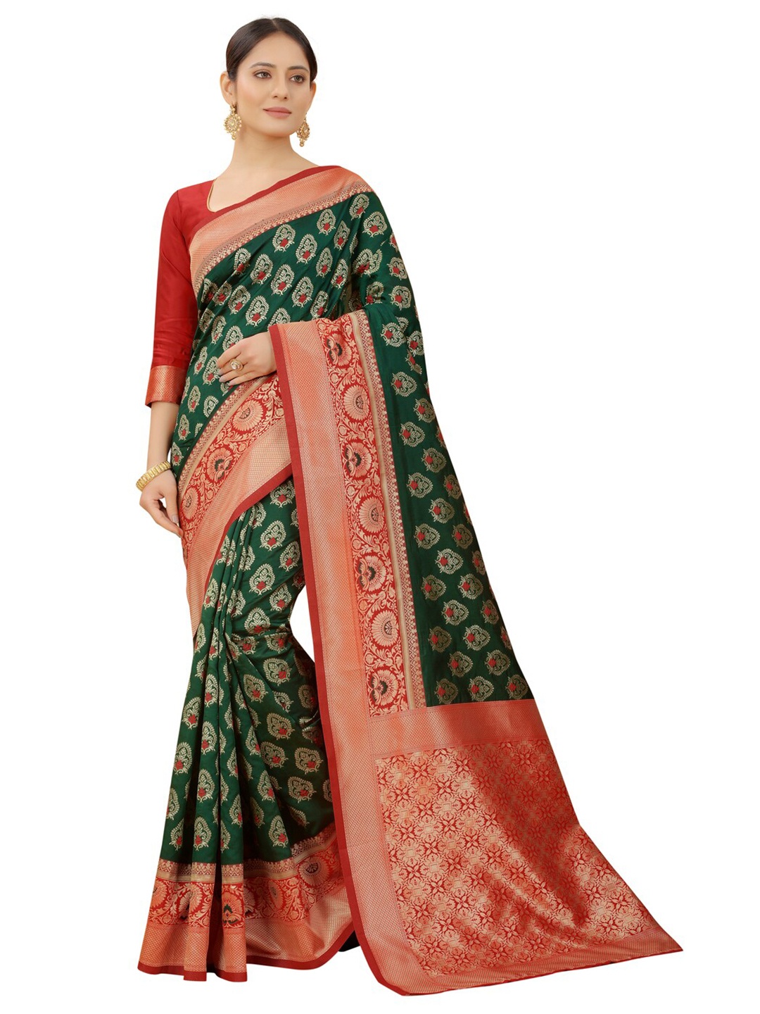 

MOKSHA DESIGNS Green & Red Ethnic Motifs Zari Pure Silk Kanjeevaram Saree