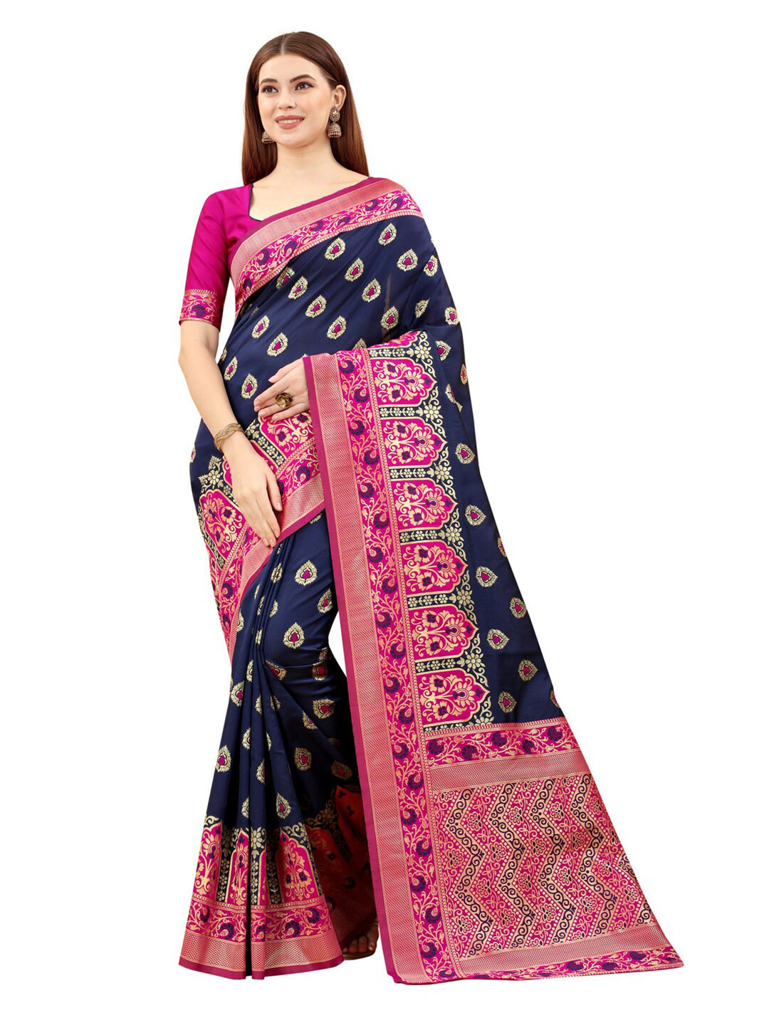 

MOKSHA DESIGNS Navy Blue & Pink Ethnic Motifs Zari Pure Silk Kanjeevaram Saree