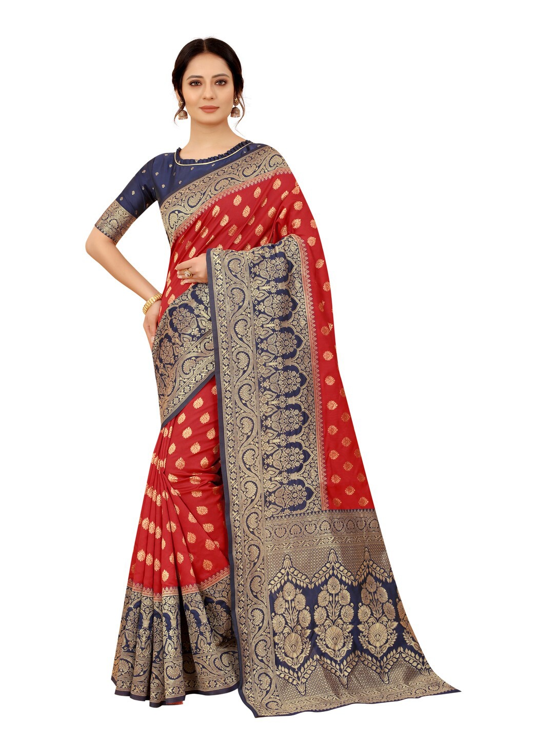 

MOKSHA DESIGNS Red & Navy Blue Ethnic Motifs Zari Pure Silk Kanjeevaram Saree