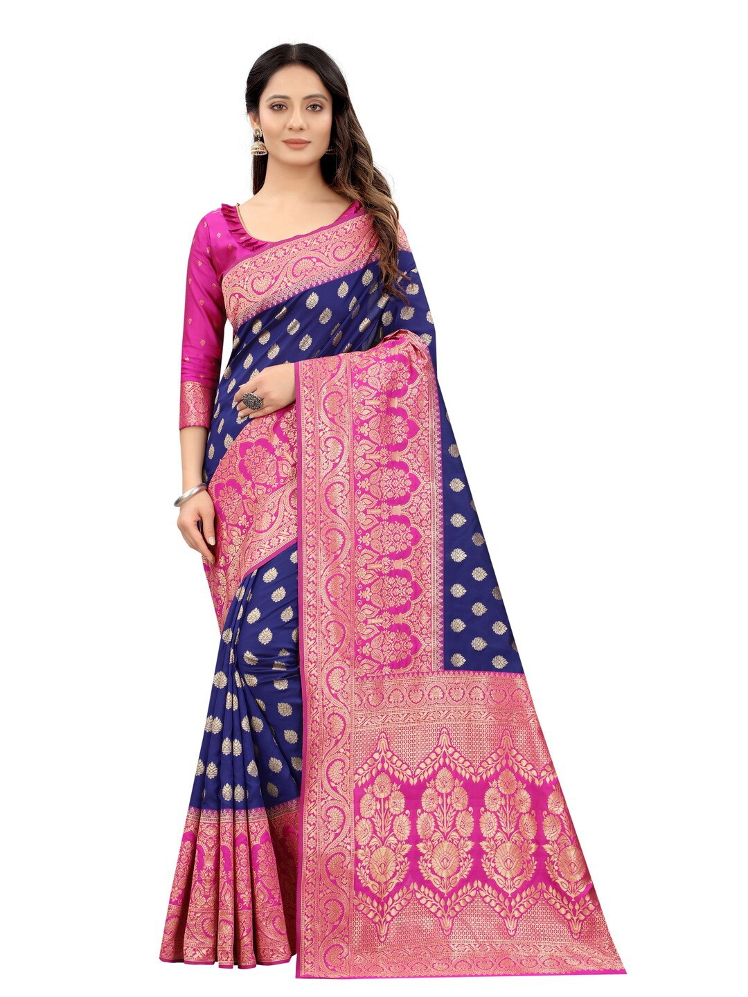 

MOKSHA DESIGNS Navy Blue & Pink Ethnic Motifs Zari Pure Silk Kanjeevaram Saree