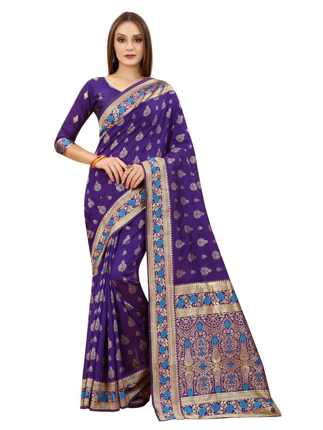 

MOKSHA DESIGNS Purple & Gold-Toned Ethnic Motifs Zari Pure Silk Kanjeevaram Saree