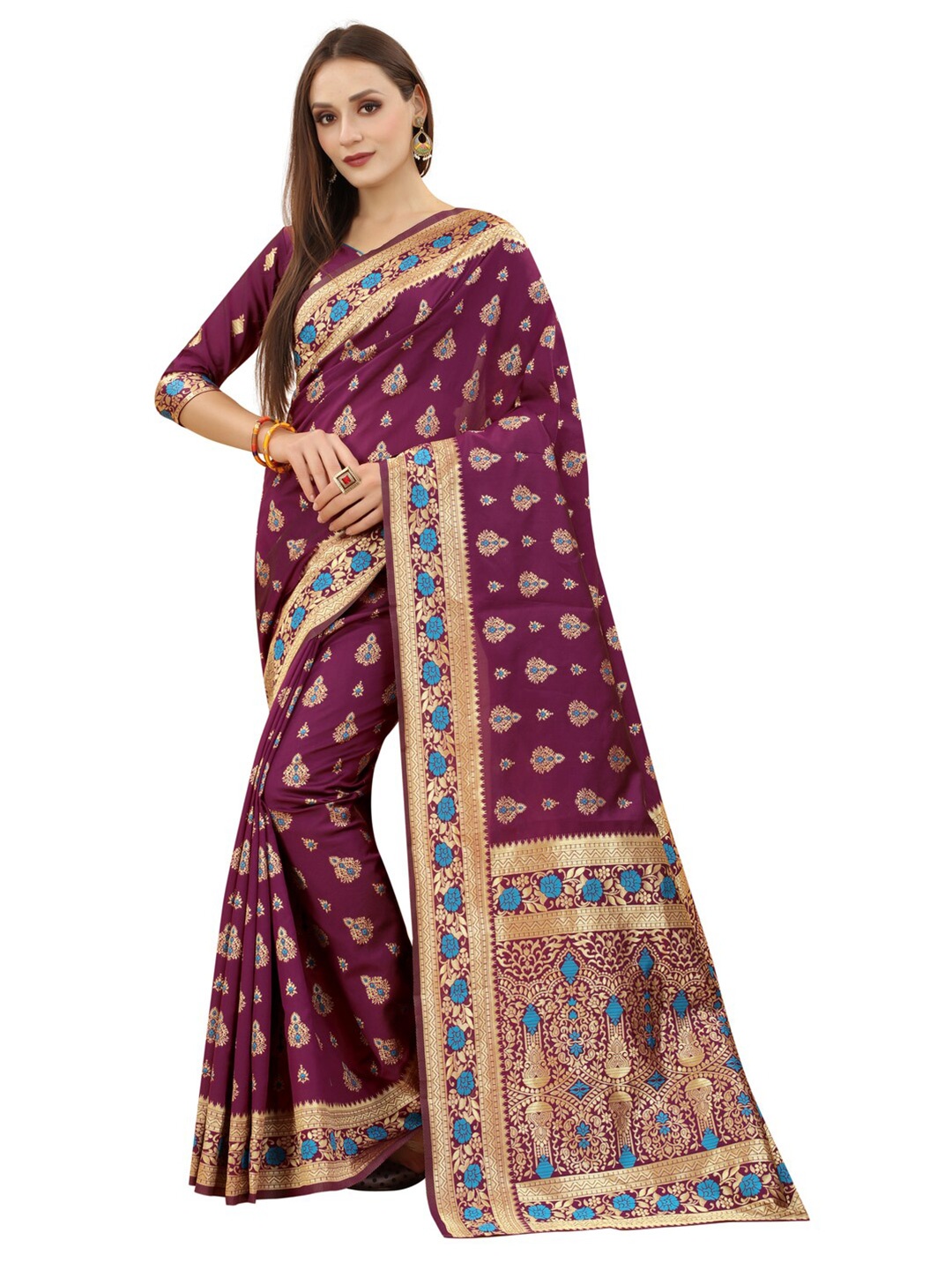 

MOKSHA DESIGNS Burgundy & Gold-Toned Ethnic Motifs Zari Pure Silk Kanjeevaram Saree