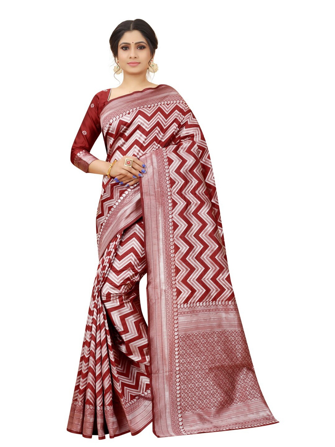 

MOKSHA DESIGNS Maroon & Silver-Toned Zari Pure Silk Kanjeevaram Saree