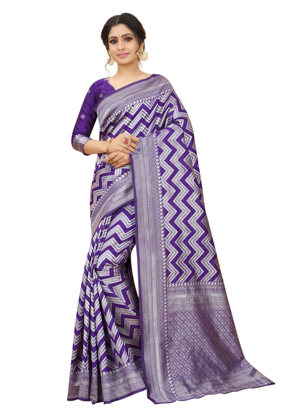 

MOKSHA DESIGNS Purple & Silver-Toned Zari Pure Silk Kanjeevaram Saree