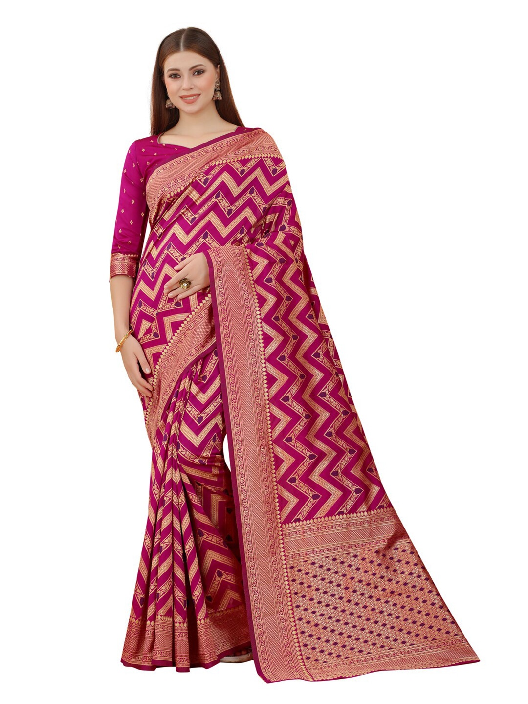 

MOKSHA DESIGNS Pink & Gold-Toned Zari Pure Silk Kanjeevaram Saree