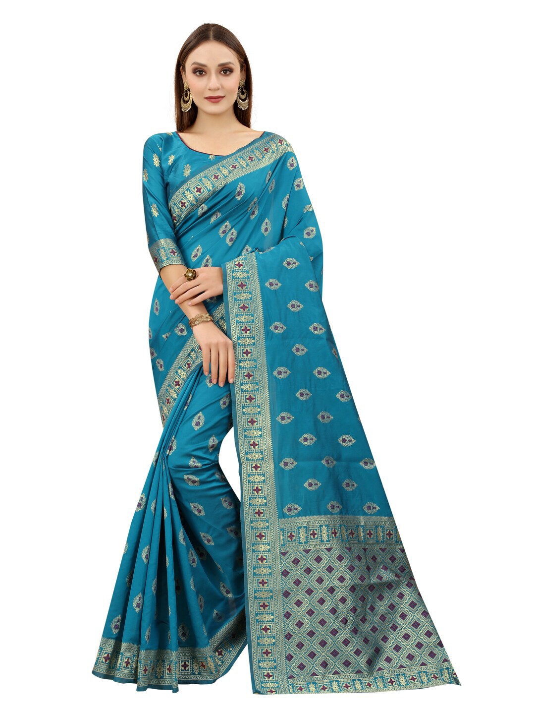 

MOKSHA DESIGNS Blue & Gold-Toned Ethnic Motifs Zari Pure Silk Kanjeevaram Saree