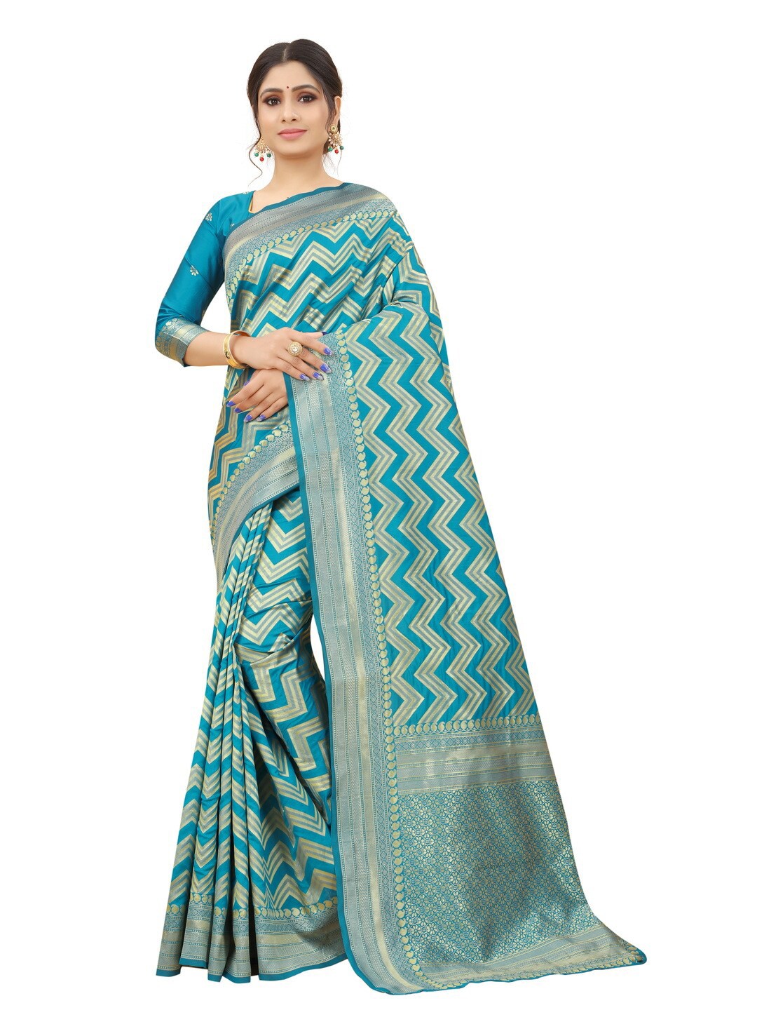 

MOKSHA DESIGNS Turquoise Blue & Gold-Toned Zari Pure Silk Kanjeevaram Saree