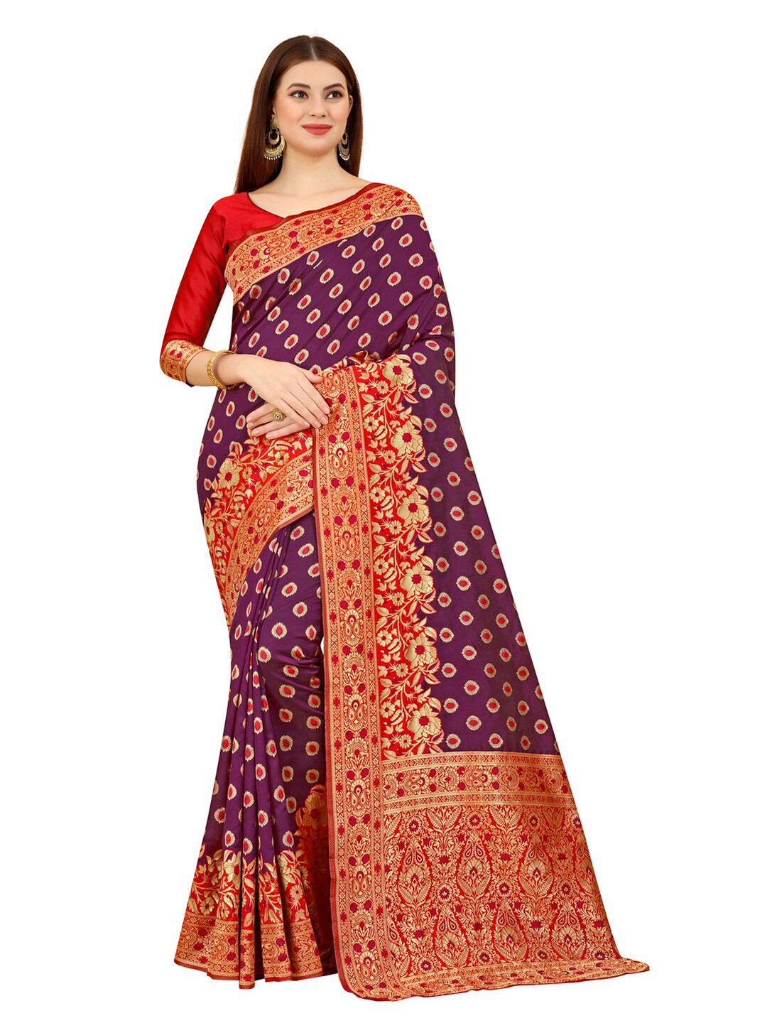 

MOKSHA DESIGNS Burgundy & Gold-Toned Ethnic Motifs Zari Pure Silk Kanjeevaram Saree