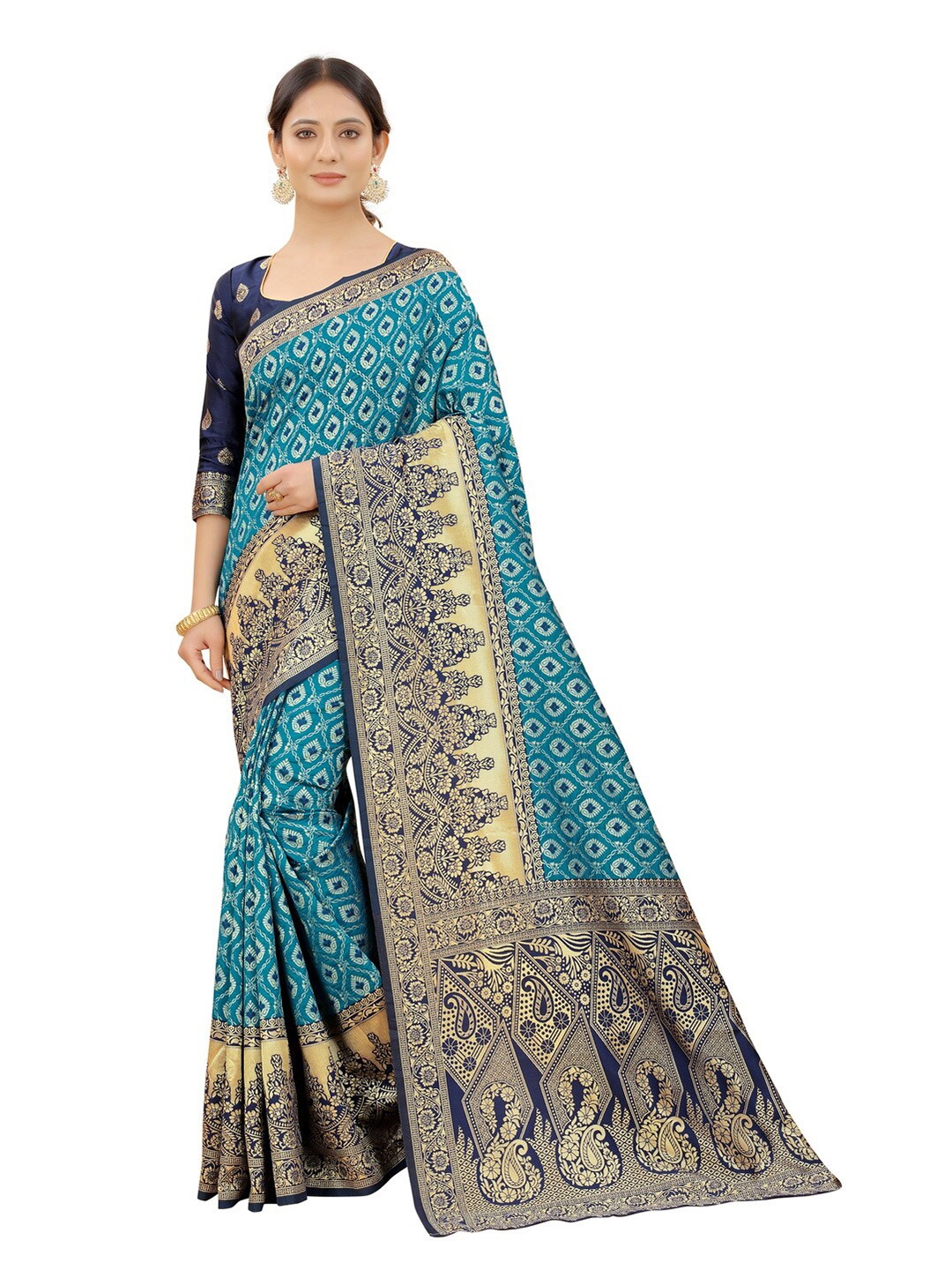 

MOKSHA DESIGNS Turquoise Blue & Gold-Toned Ethnic Motifs Zari Pure Silk Kanjeevaram Saree